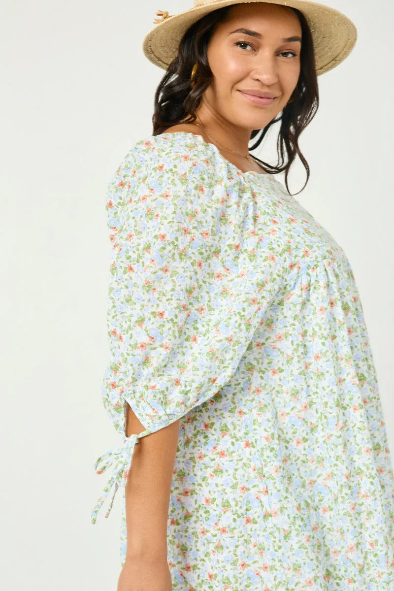 Tie Sleeve Square Neck Floral Tunic Dress