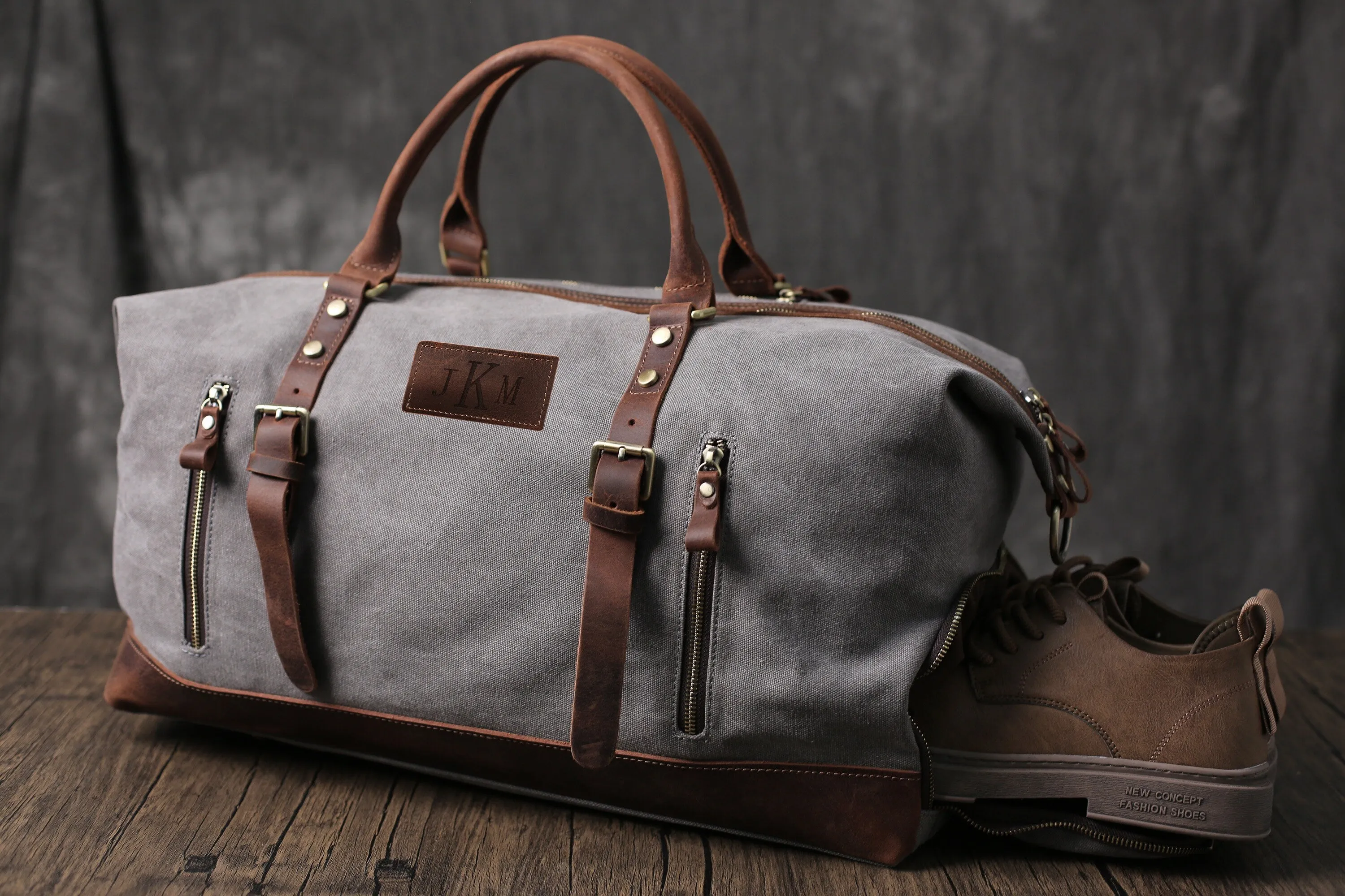 Travel Duffel Bag, Waterproof Canvas Leather Weekend bag, Carry on Weekender Overnight Bag with Shoes Compartment for Men Women Personalized