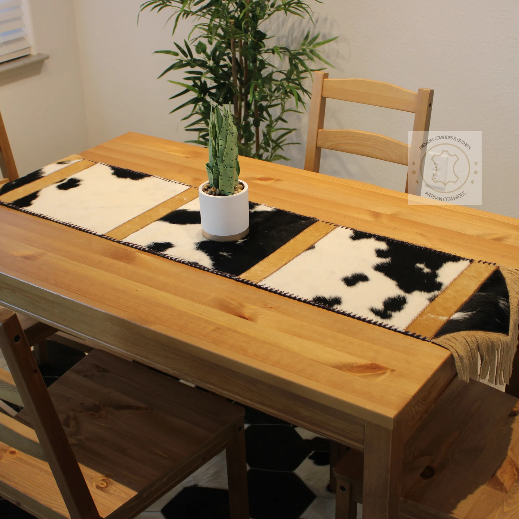 Tricolor Table Runner with a touch of Black Cowhide  7ft - Table Decor