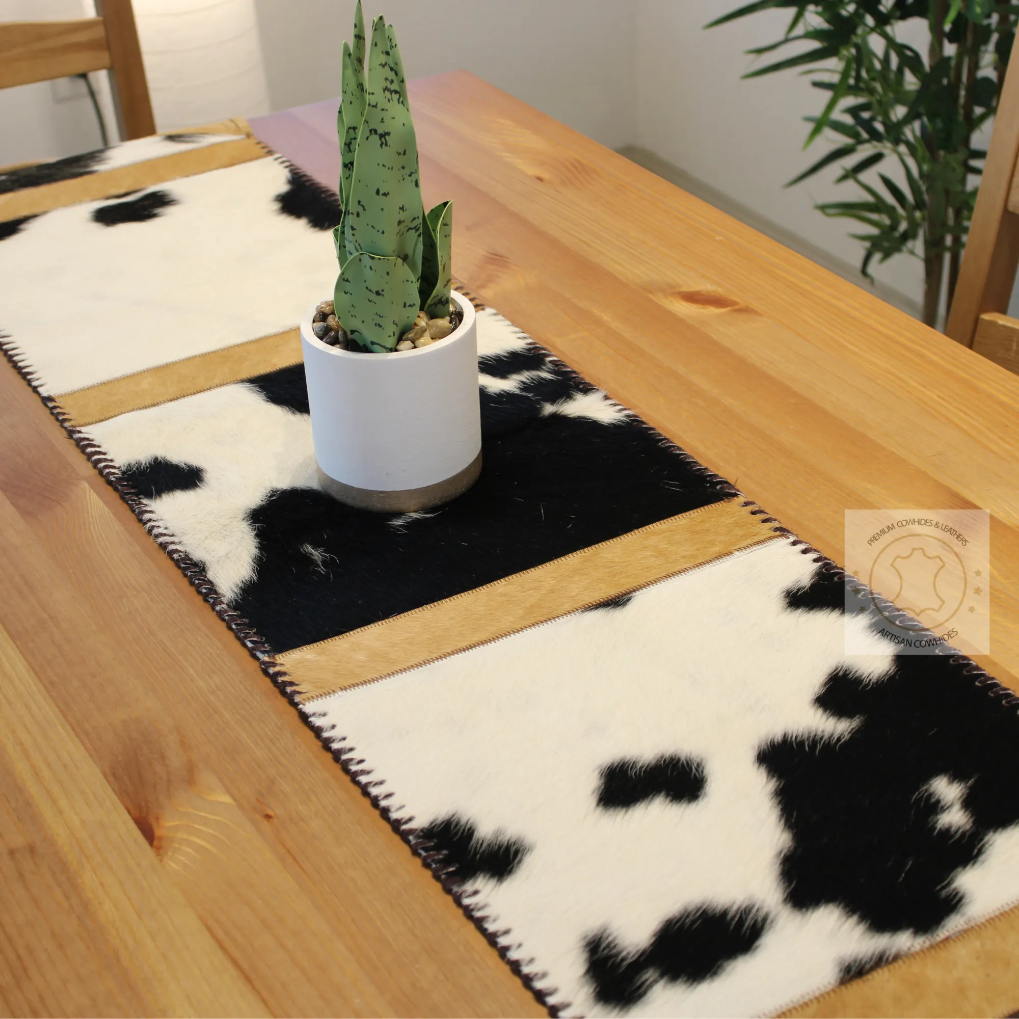 Tricolor Table Runner with a touch of Black Cowhide  7ft - Table Decor