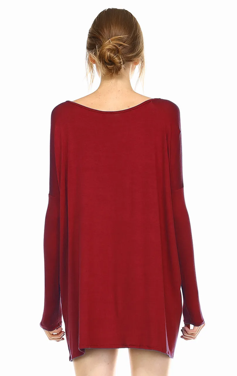 Tunic Top Casual Dress Oversized Round Neck Long Sleeve Burgundy