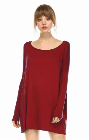 Tunic Top Casual Dress Oversized Round Neck Long Sleeve Burgundy