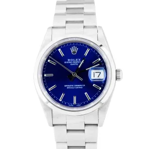 UNPOLISHED NO-HOLES Rolex Date 34mm Blue Stainless Steel Oyster Watch 15200