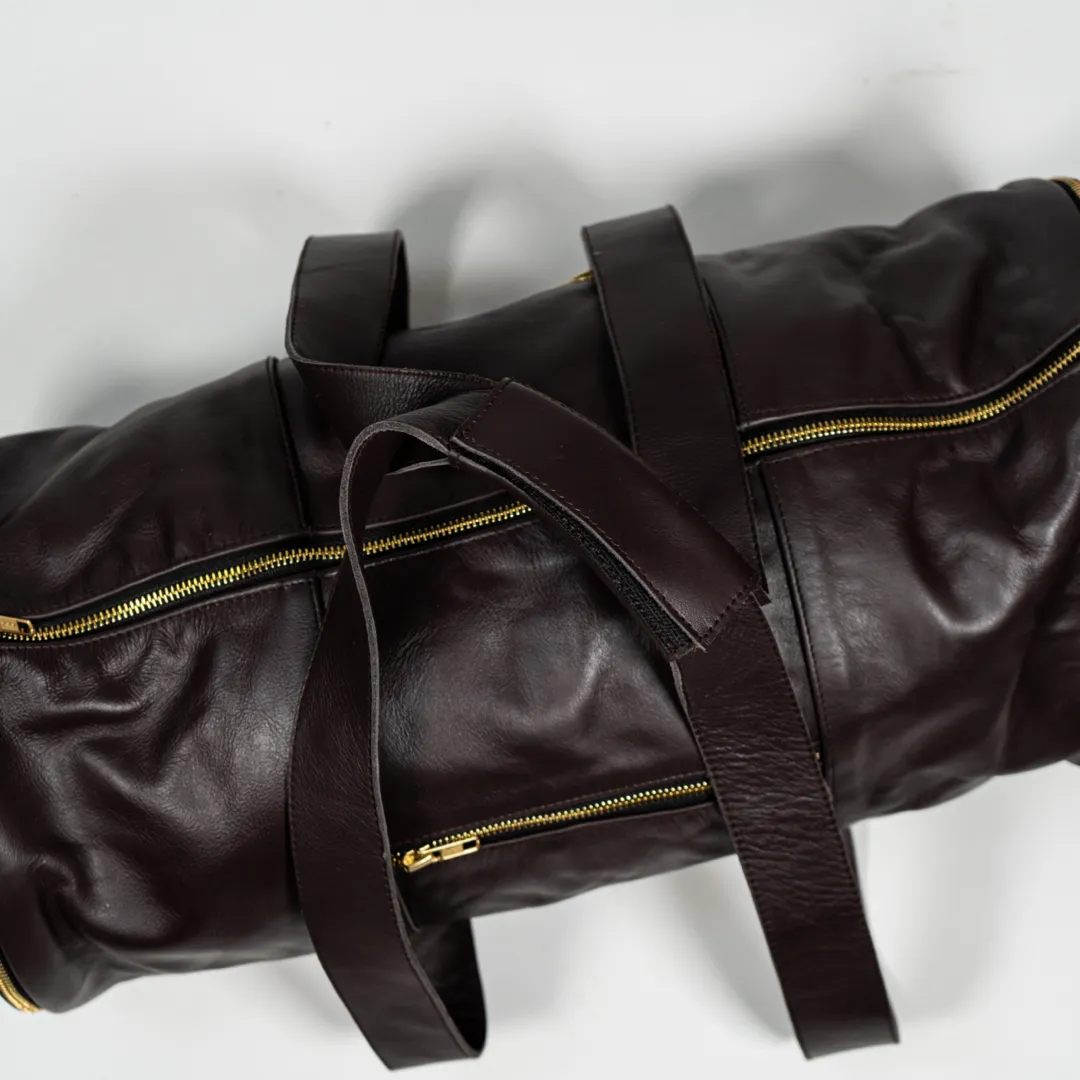 Vintage Barrel Duffle Bag - 100% Leather (Chocolate Brown)