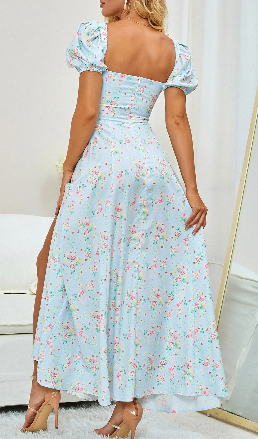 VINTAGE FLORAL PUFF SLEEVE MIDI DRESS IN BLUE