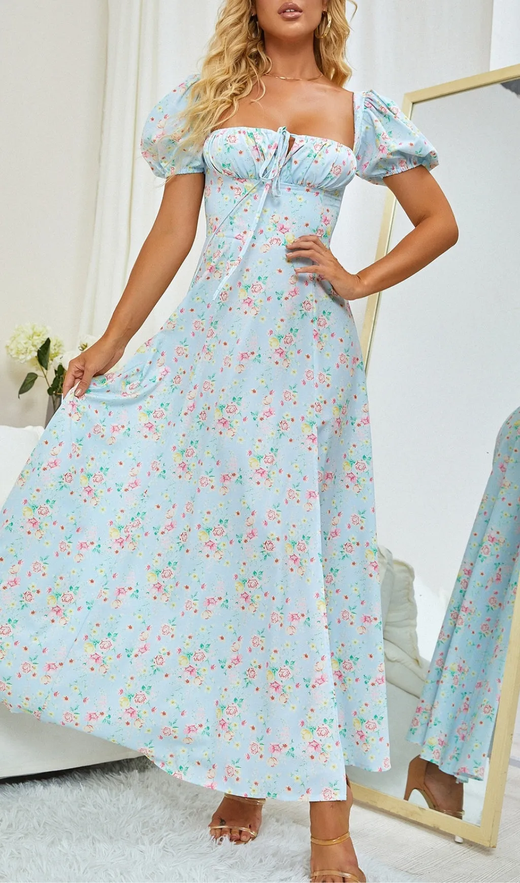 VINTAGE FLORAL PUFF SLEEVE MIDI DRESS IN BLUE
