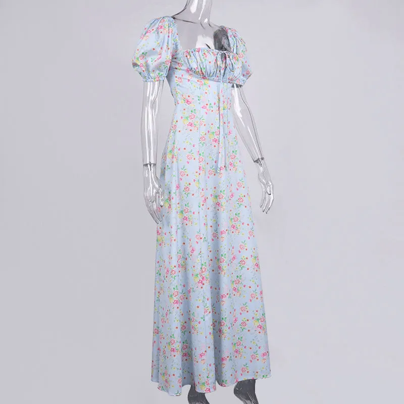 VINTAGE FLORAL PUFF SLEEVE MIDI DRESS IN BLUE