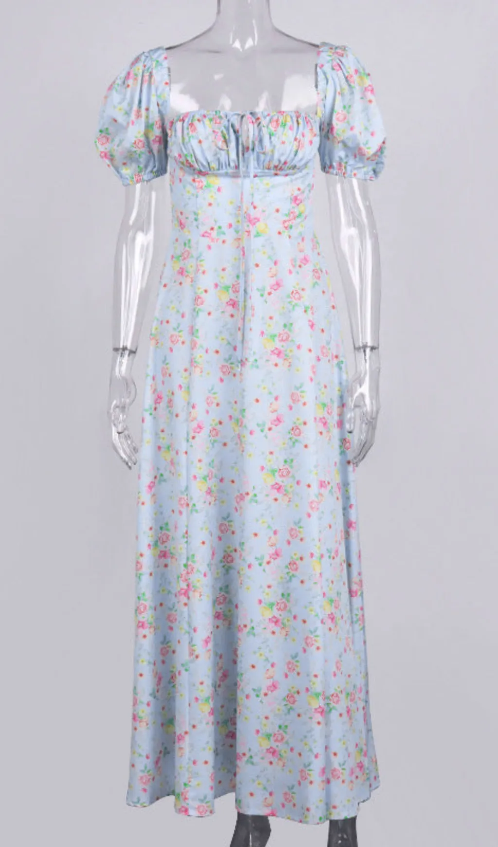 VINTAGE FLORAL PUFF SLEEVE MIDI DRESS IN BLUE