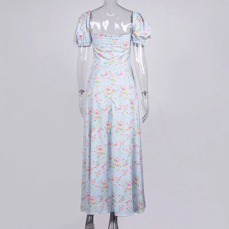 VINTAGE FLORAL PUFF SLEEVE MIDI DRESS IN BLUE