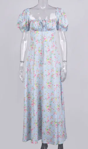 VINTAGE FLORAL PUFF SLEEVE MIDI DRESS IN BLUE