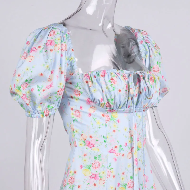 VINTAGE FLORAL PUFF SLEEVE MIDI DRESS IN BLUE