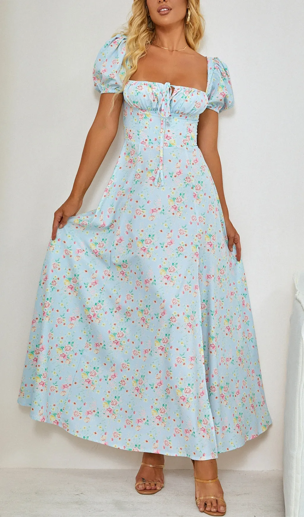 VINTAGE FLORAL PUFF SLEEVE MIDI DRESS IN BLUE