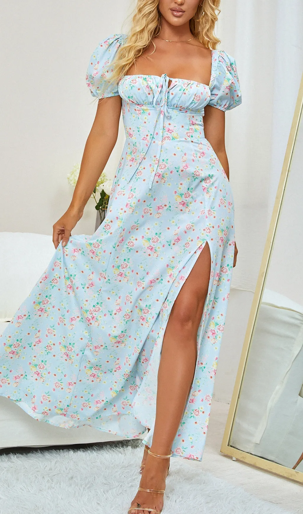 VINTAGE FLORAL PUFF SLEEVE MIDI DRESS IN BLUE