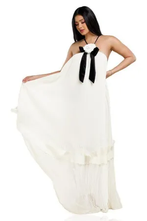 White Pleated Flower and Bow Detail Maxi Dress