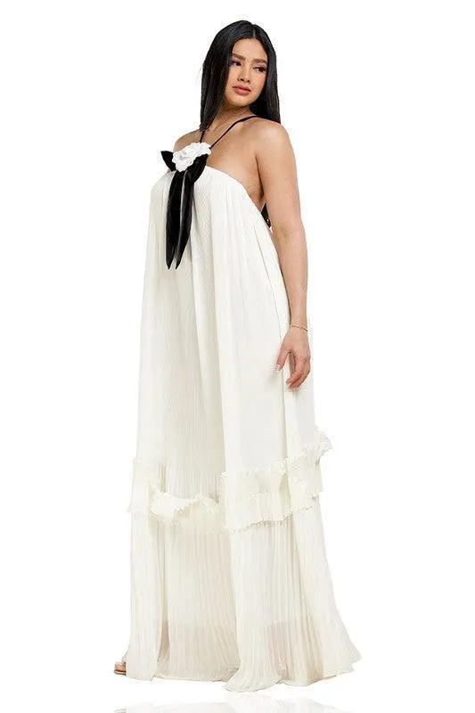 White Pleated Flower and Bow Detail Maxi Dress