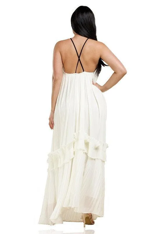 White Pleated Flower and Bow Detail Maxi Dress