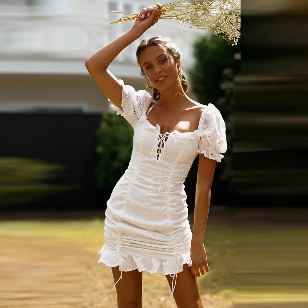 WildPinky Women Summer Casual Boho Tie Up Solid Dress Bodycon Party Beach Dresses Sundress Ruffles White Cotton Dress Vestidos