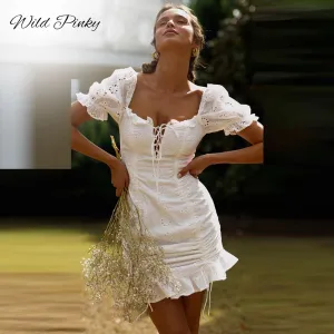 WildPinky Women Summer Casual Boho Tie Up Solid Dress Bodycon Party Beach Dresses Sundress Ruffles White Cotton Dress Vestidos