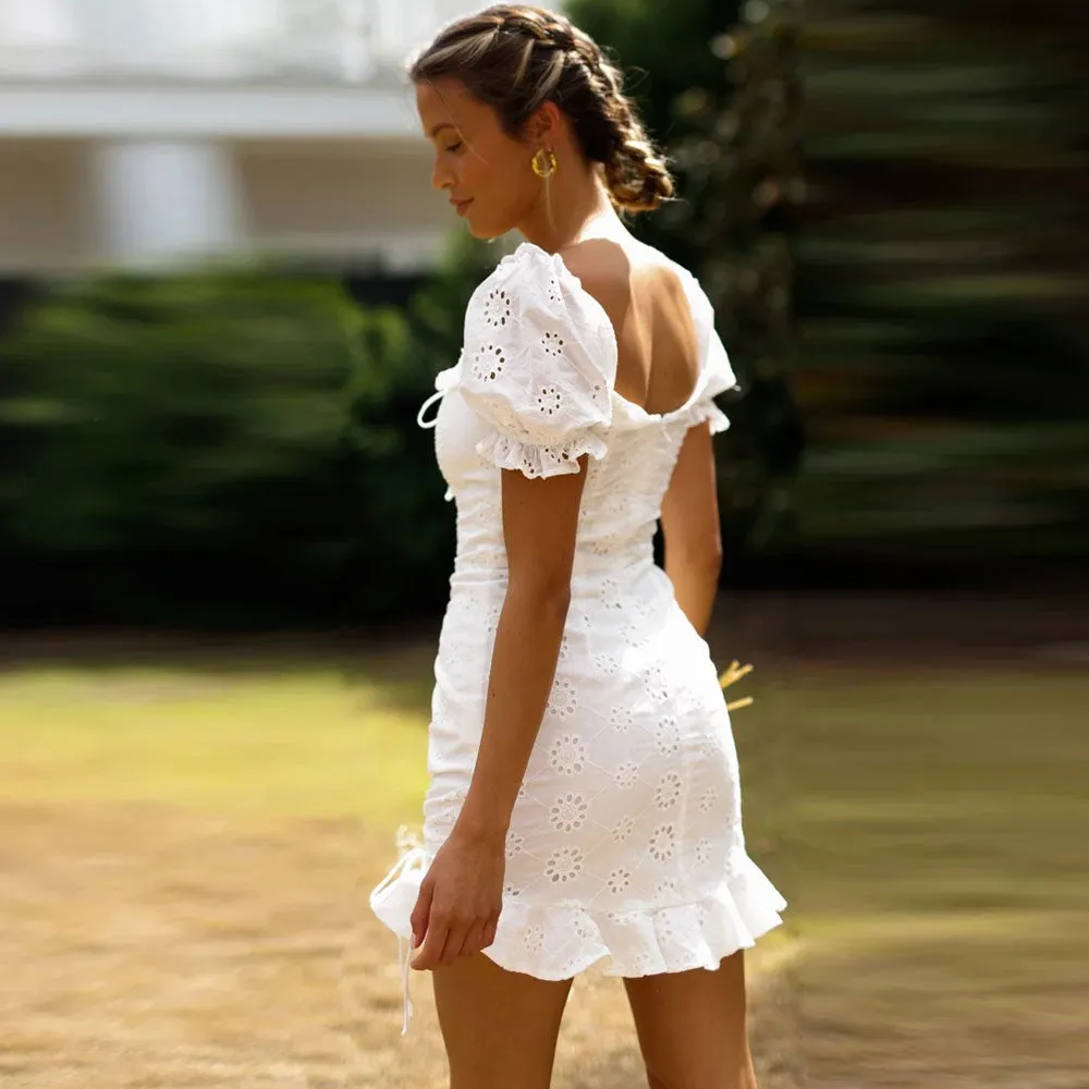 WildPinky Women Summer Casual Boho Tie Up Solid Dress Bodycon Party Beach Dresses Sundress Ruffles White Cotton Dress Vestidos