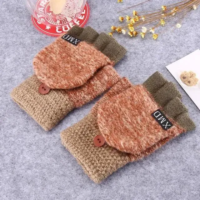 Winter Warm Thickening Wool Gloves Knitted Flip Fingerless Exposed Finger Thick Gloves Mittens Soft Cold Weather Women Gloves