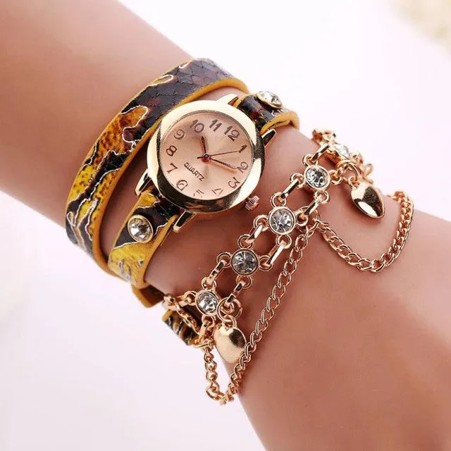 Woman Leather Rhinestone Chain Quartz Bracelet Wristwatch