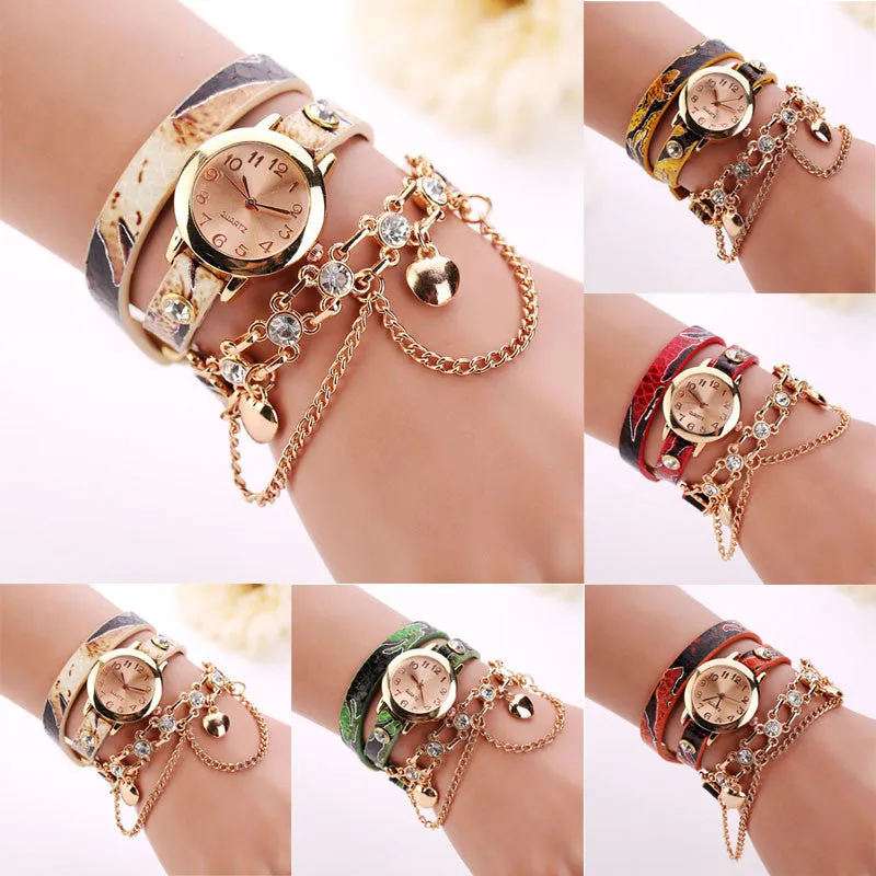Woman Leather Rhinestone Chain Quartz Bracelet Wristwatch