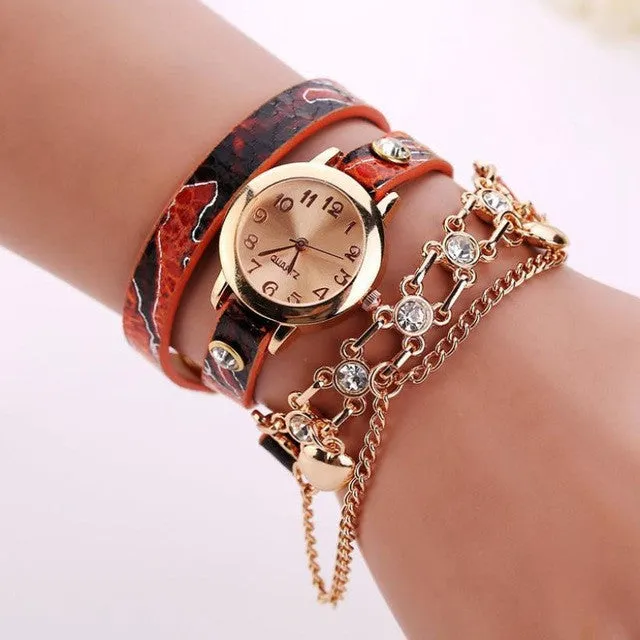 Woman Leather Rhinestone Chain Quartz Bracelet Wristwatch