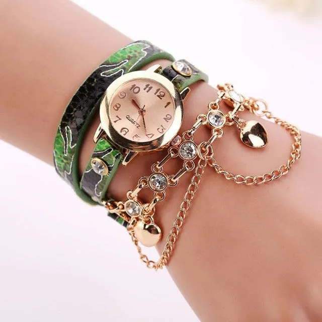 Woman Leather Rhinestone Chain Quartz Bracelet Wristwatch