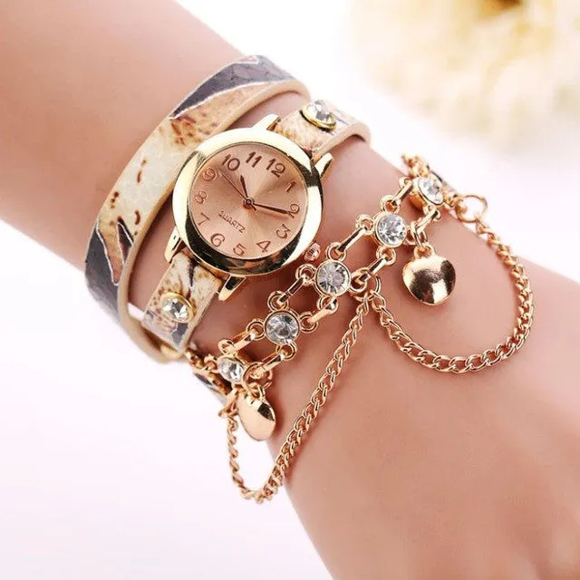Woman Leather Rhinestone Chain Quartz Bracelet Wristwatch