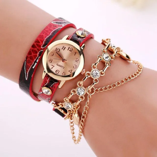 Woman Leather Rhinestone Chain Quartz Bracelet Wristwatch