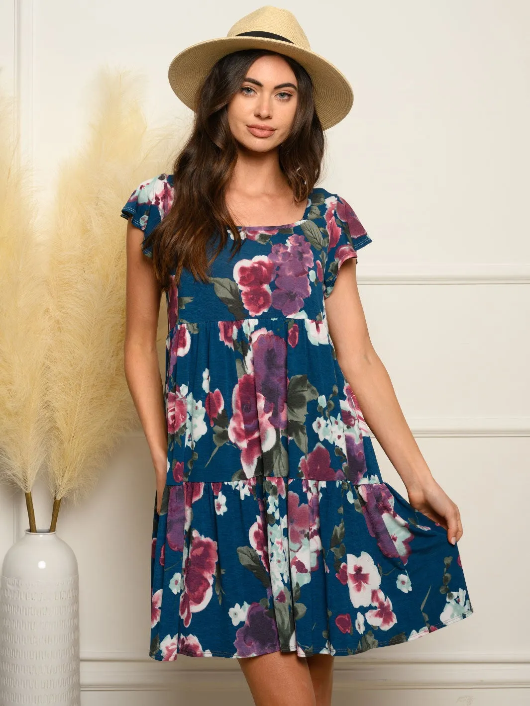 WOMEN'S SHORT RUFFLE SLEEVE FLORAL TIERED MINI DRESS
