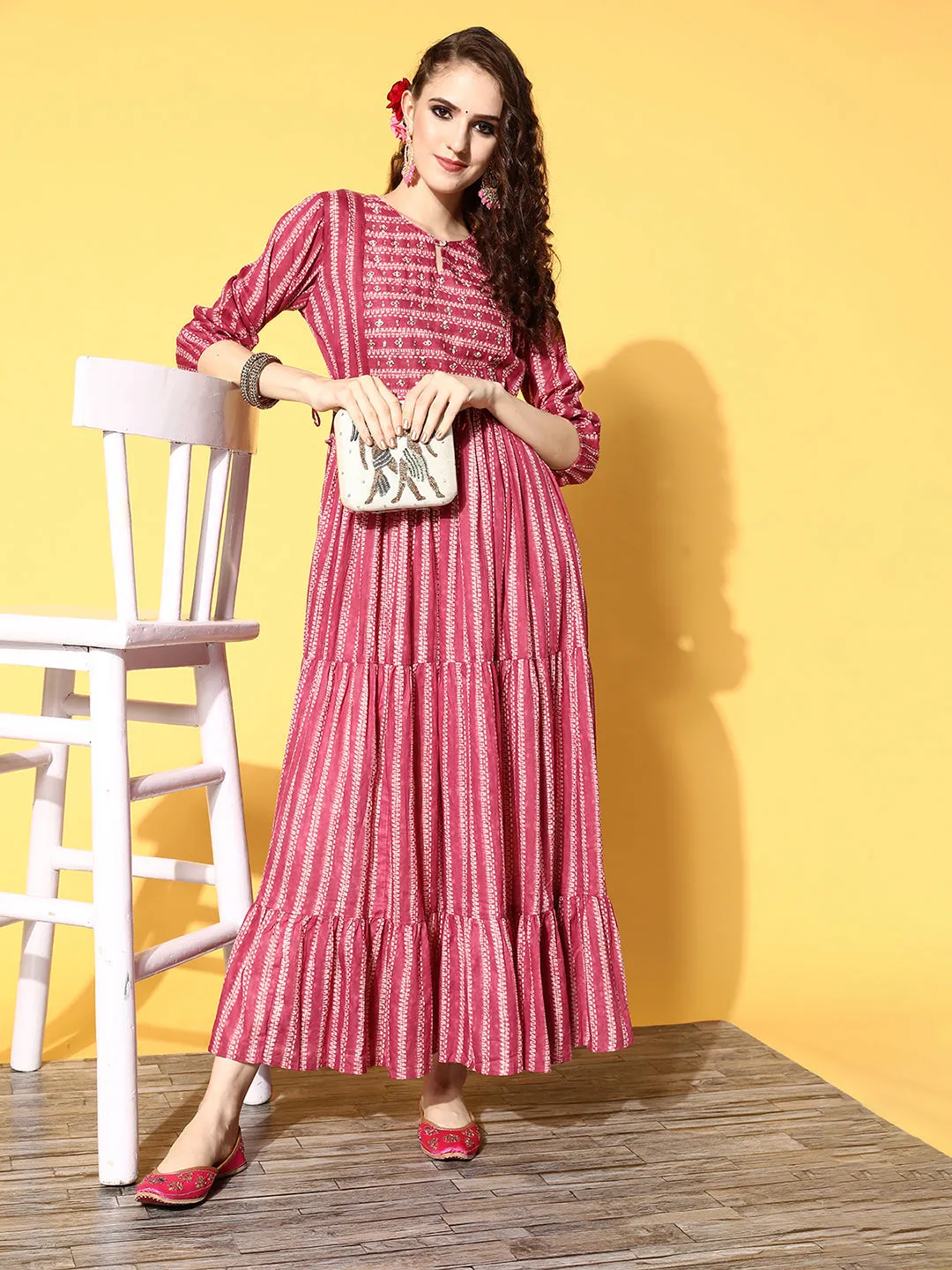 ZOLA Magenta Cotton Keyhole 3/4th Sleeves Ethnic Wear Dress for Women