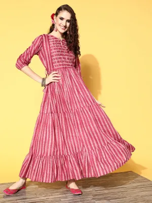 ZOLA Magenta Cotton Keyhole 3/4th Sleeves Ethnic Wear Dress for Women