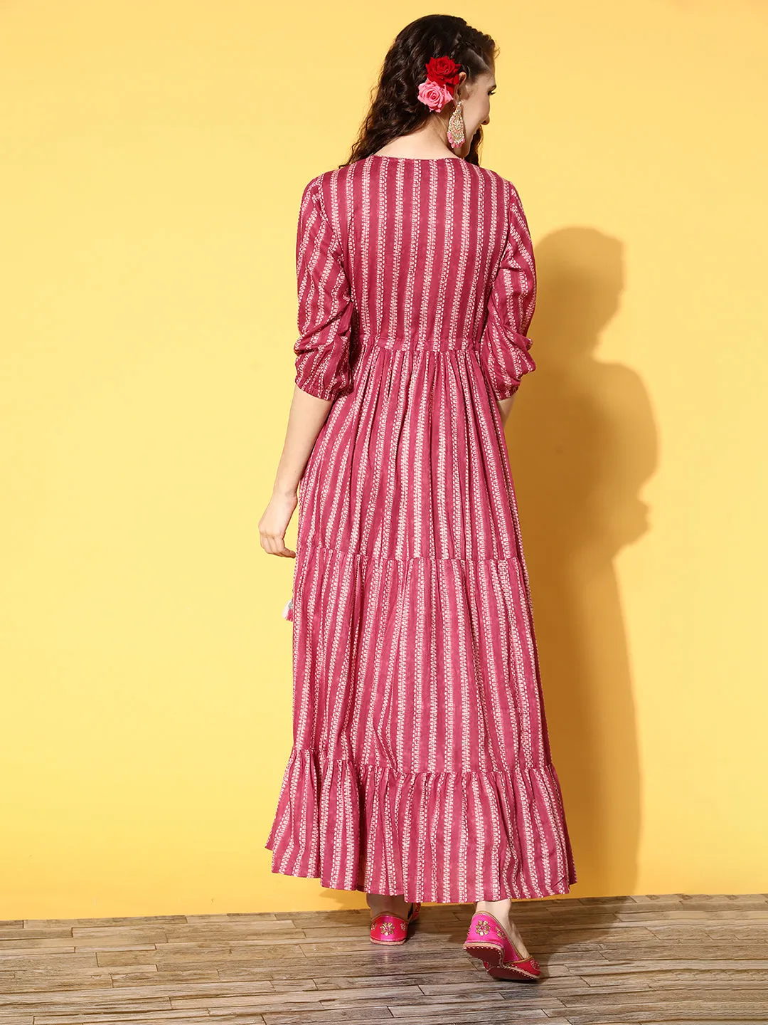 ZOLA Magenta Cotton Keyhole 3/4th Sleeves Ethnic Wear Dress for Women