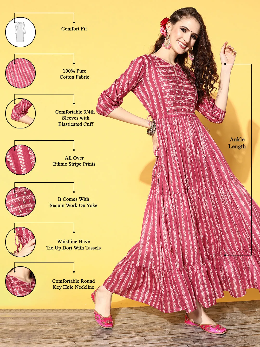 ZOLA Magenta Cotton Keyhole 3/4th Sleeves Ethnic Wear Dress for Women