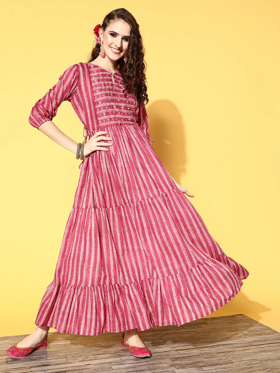 ZOLA Magenta Cotton Keyhole 3/4th Sleeves Ethnic Wear Dress for Women