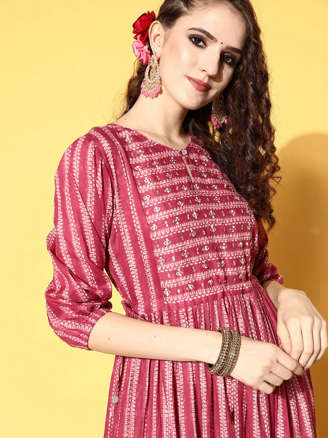 ZOLA Magenta Cotton Keyhole 3/4th Sleeves Ethnic Wear Dress for Women