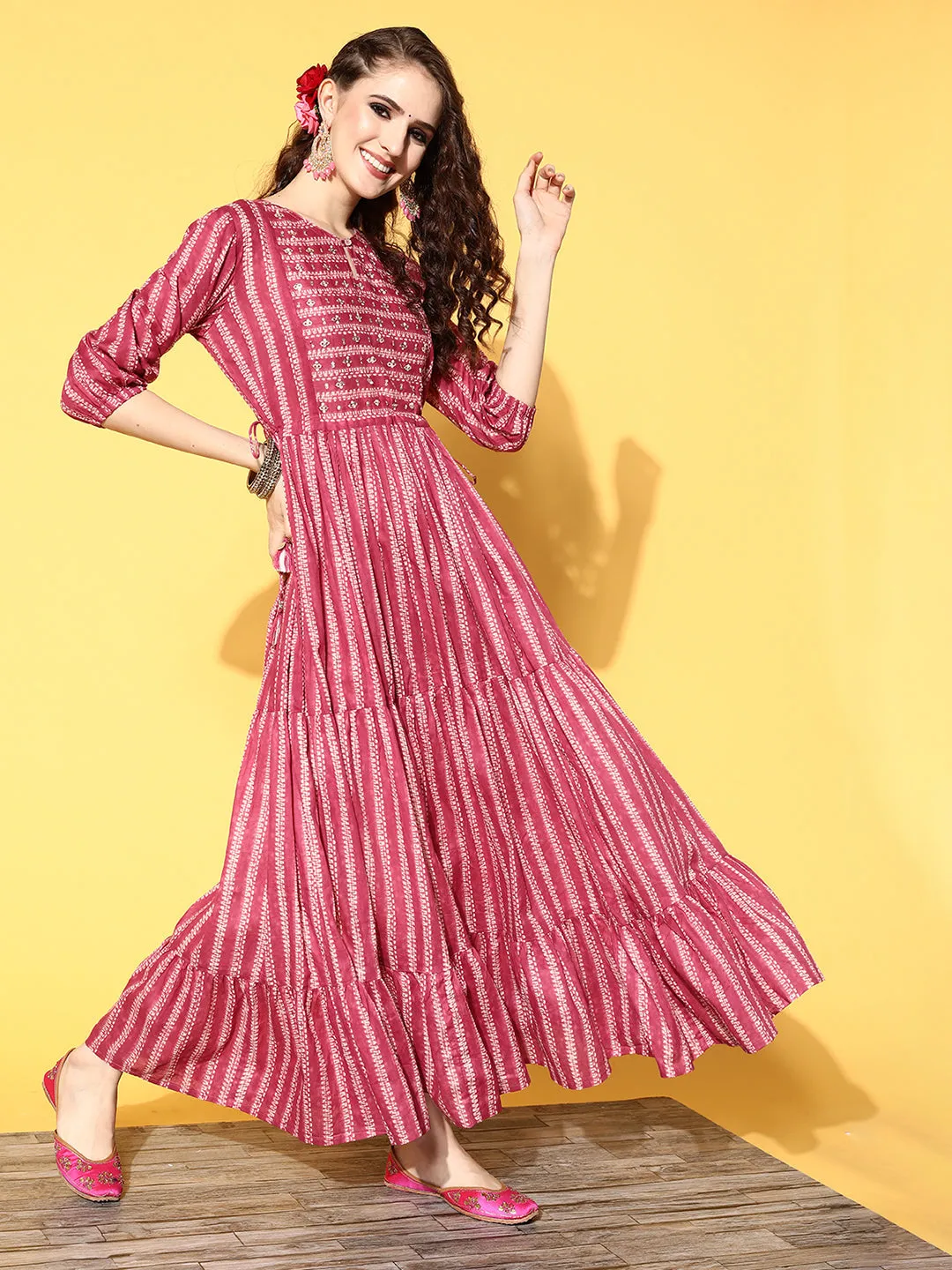 ZOLA Magenta Cotton Keyhole 3/4th Sleeves Ethnic Wear Dress for Women